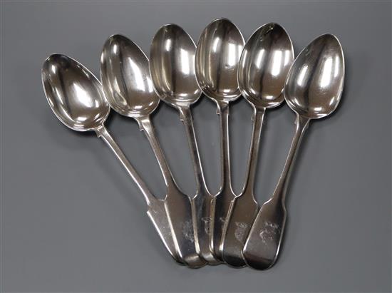 A matched set of six 19th century silver fiddle pattern dessert spoons including one by Paul Storr, London, 1818, 8.5 oz.